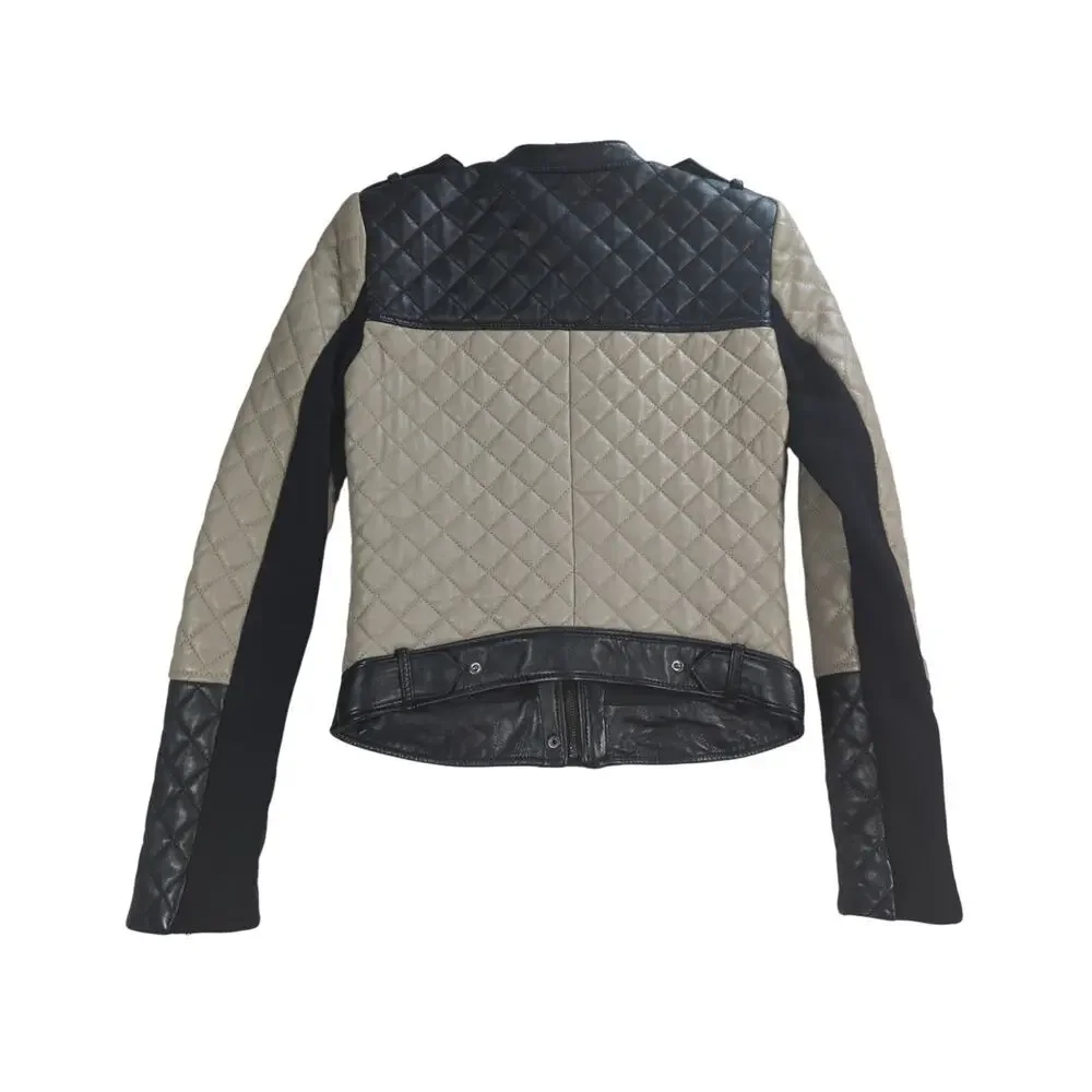 BCBGMAXAZRIA Jacket XS Black Beige Quilted Lamb Leather Moto Biker Womens